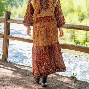 Natural Life Camille Embroidered Maxi Skirt Stemmed Daisies Wine Boho NWT